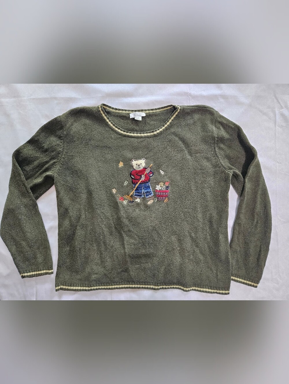 Christopher & Banks Womens XL Vintage Green Bear Sweater Pullover Fall Autumn